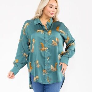 Teal Leopard Print Button-Up Shirt - Women's Long Sleeve Top